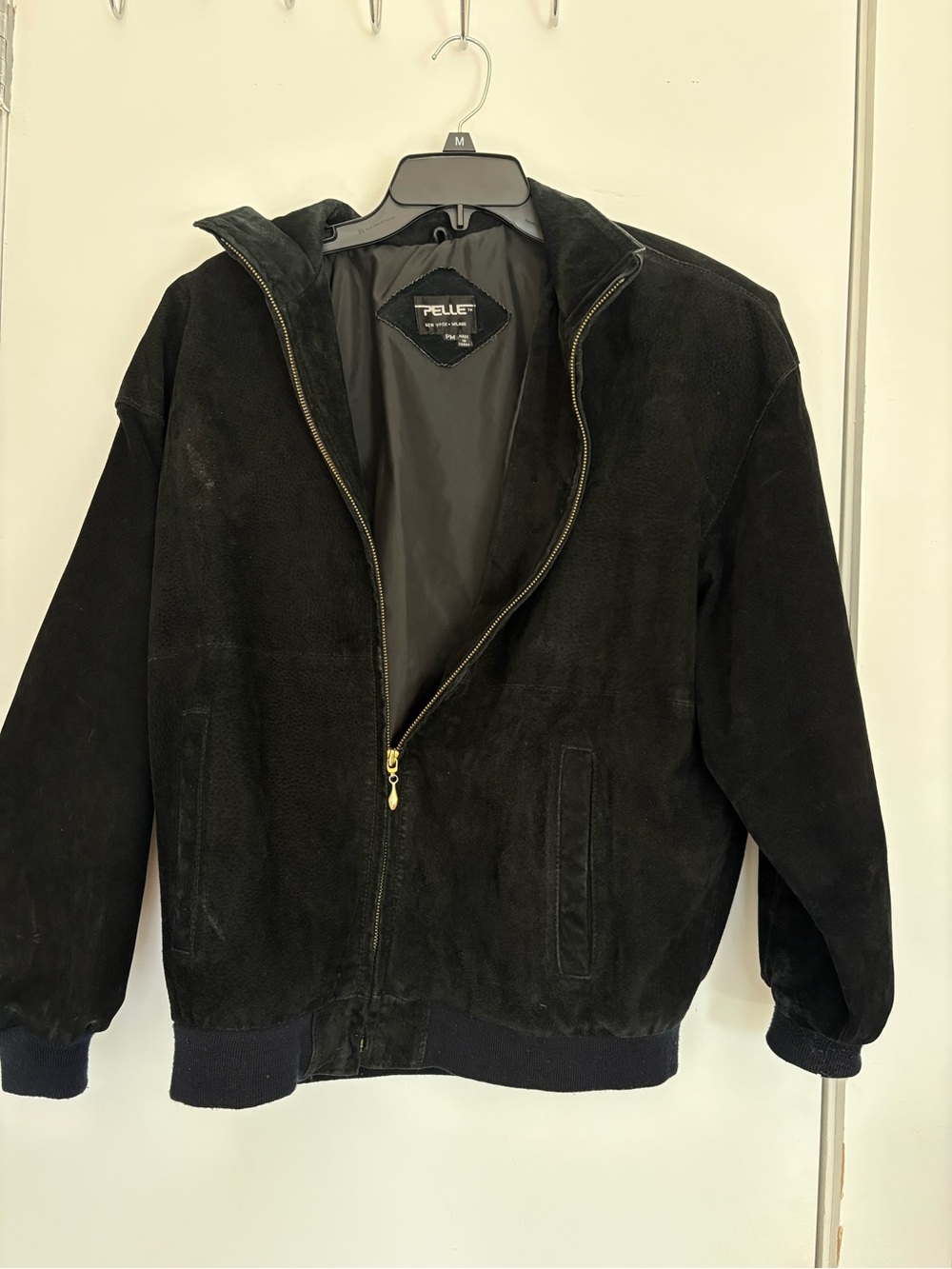 Black Suede Bomber Jacket with Gold Zip